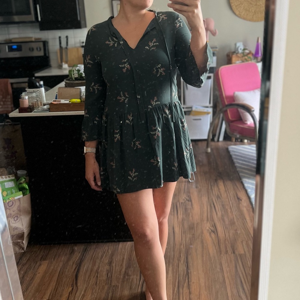 Silk Deep Green/Floral Madewell 3/4 Sleeve Mini-Dress